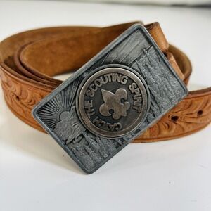 Vintage Boy Scouts Leather Belt Mens 50 Catch the Scouting Spirit Buckle 90s